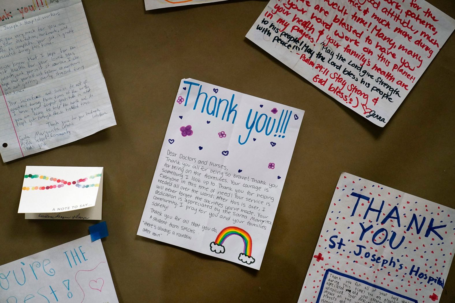 Thank-you letters are posted on a wall at the St. Joseph Hospital in Orange, California, on January 7.