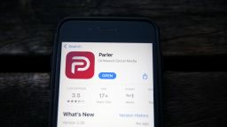A general view of the the Parler app displayed on an iPhone on January 9, 2021 in London, England. The Parler App popular with right-wing supporters has been suspended from Google's Play store over continued postings by users that incite violence. US President Donald Trump was suspended indefinitely from Twitter after tweets he made encouraged his supporters to break into the Capitol building and five people died in the ensuing violence.  (Photo by Hollie Adams/Getty Images)
