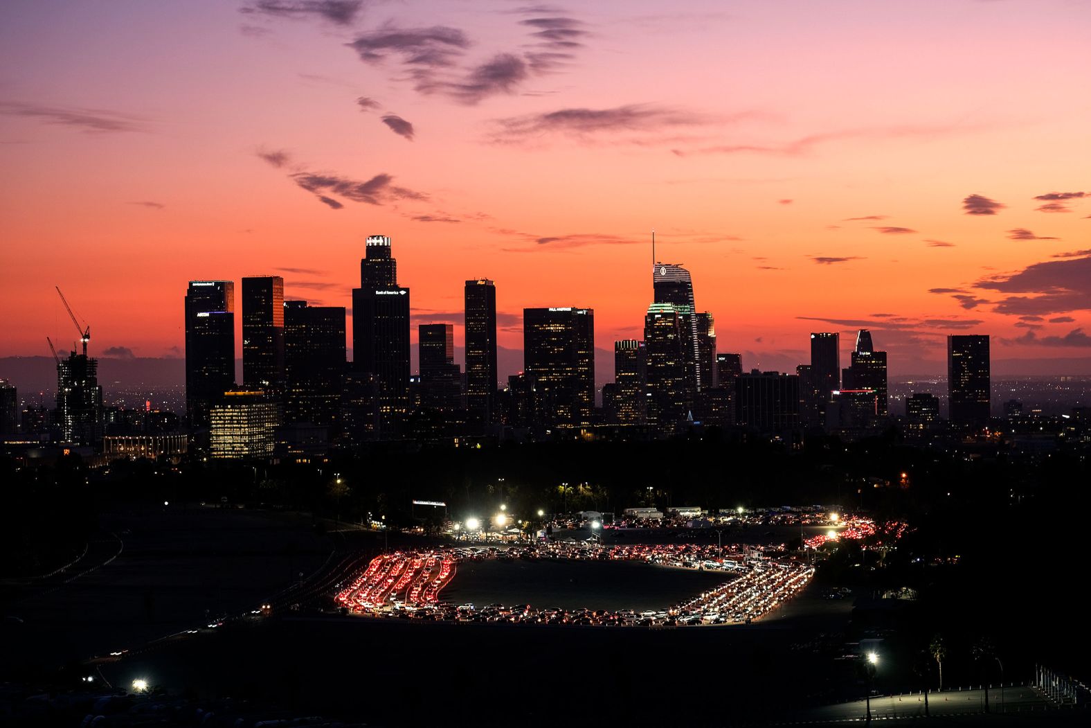 Motorists line up for Covid-19 testing at Los Angeles' Dodger Stadium on January 4.