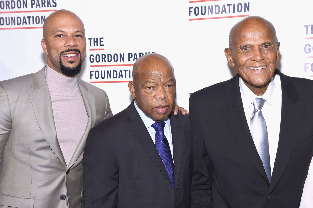 From left, rapper and actor Common, US Rep. John Lewis and Belafonte attend the Gordon Parks Foundation Awards gala in 2017.