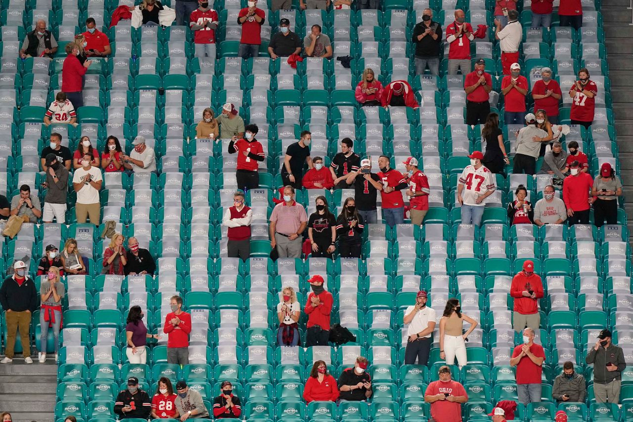 Fans are socially distanced at Hard Rock Stadium. Because of the coronavirus pandemic, the stadium in Miami Gardens, Florida, was expected to host fewer than 20,000 fans.