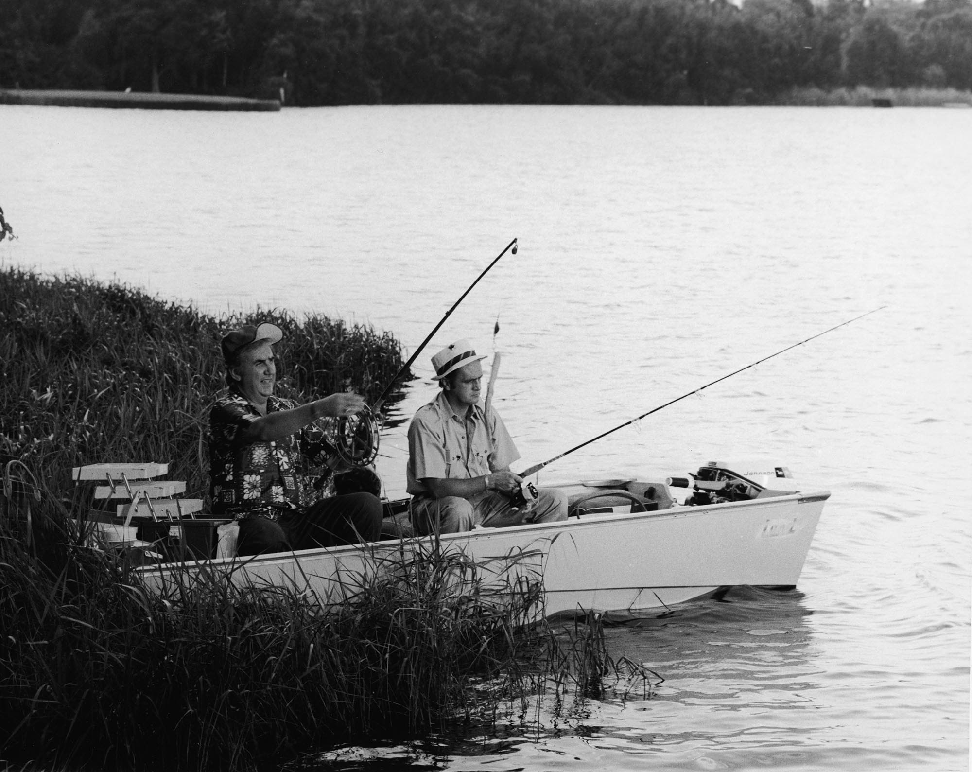 Newhart fishes with television personality Ed McMahon in Cypress Gardens, Florida, in 1972.