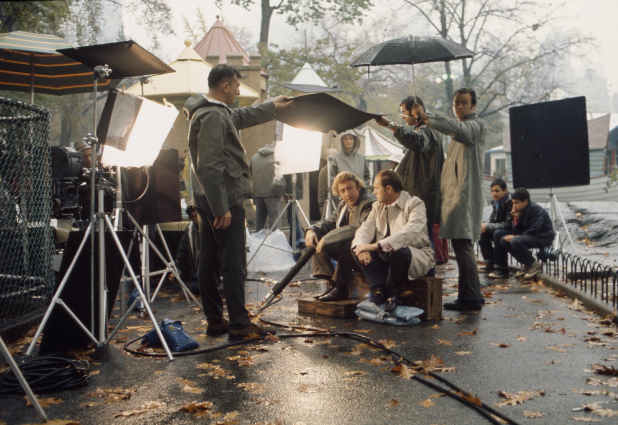 Newhart sits with Gene Wilder during the making of the TV movie 'Thursday's Game' in 1974.