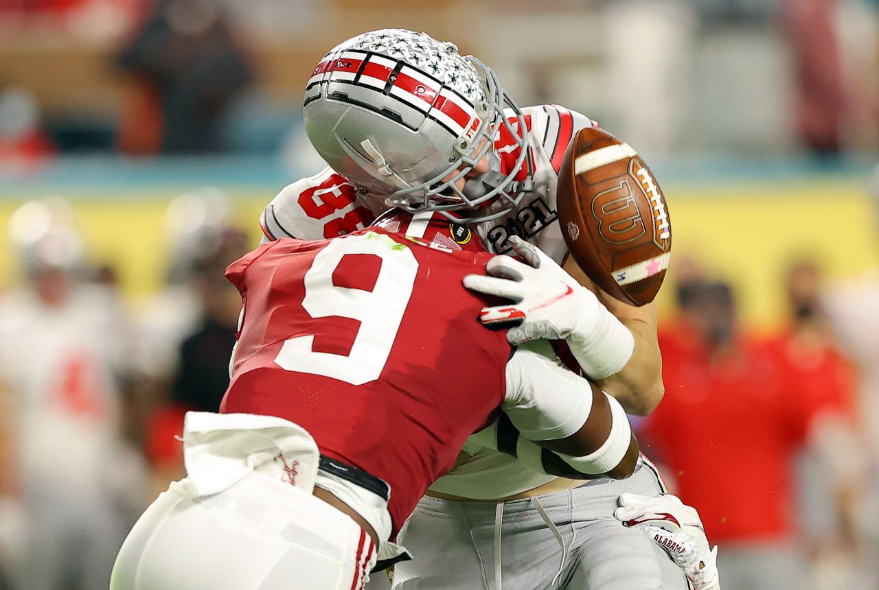 Alabama defensive back Jordan Battle smashes into Ohio State tight end Jeremy Ruckert in the first half. Battle was called for targeting on the play, disqualifying him for the rest of the game.