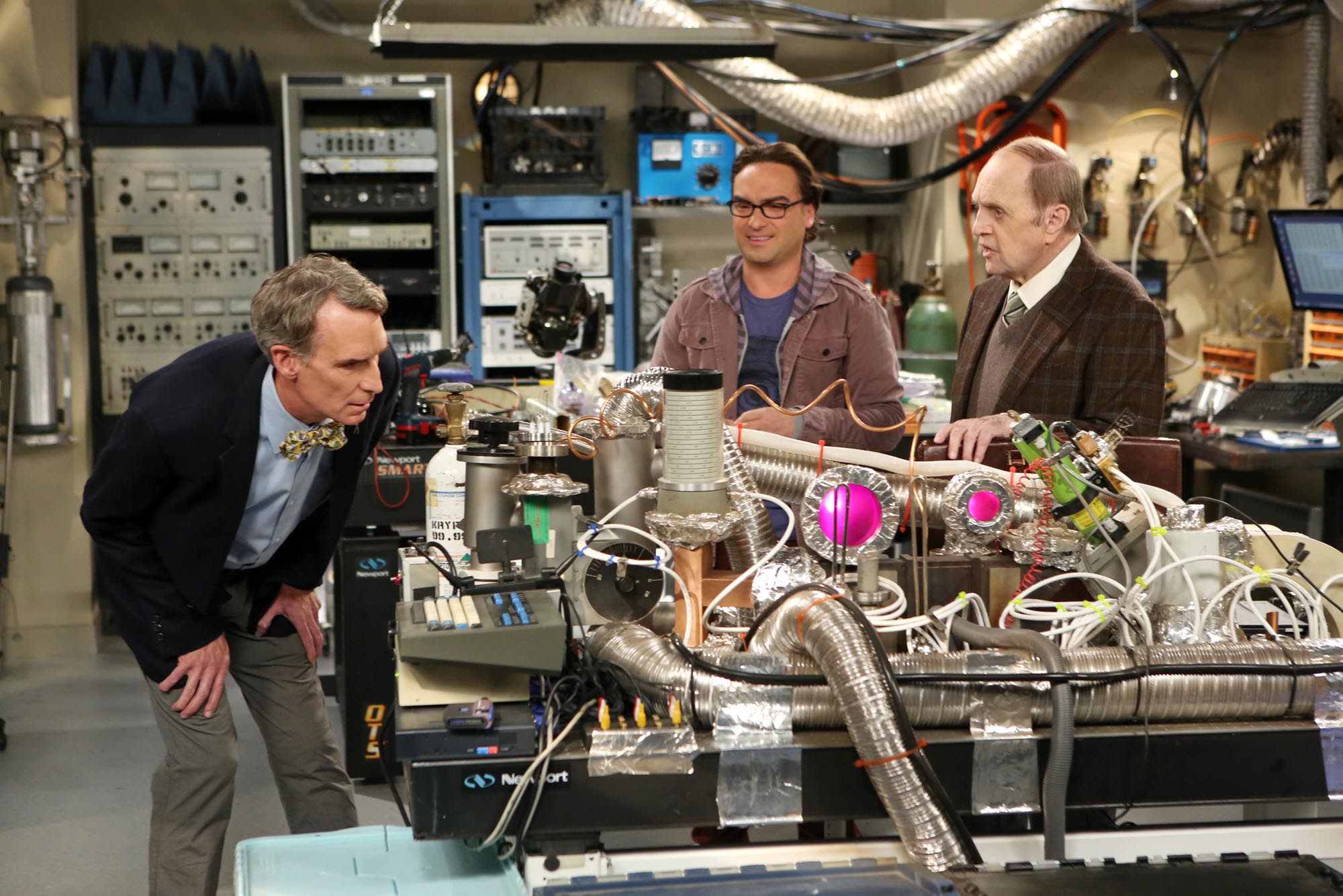 Newhart appears with Johnny Galecki and Bill Nye in an episode of 'The Big Bang Theory' in 2013.