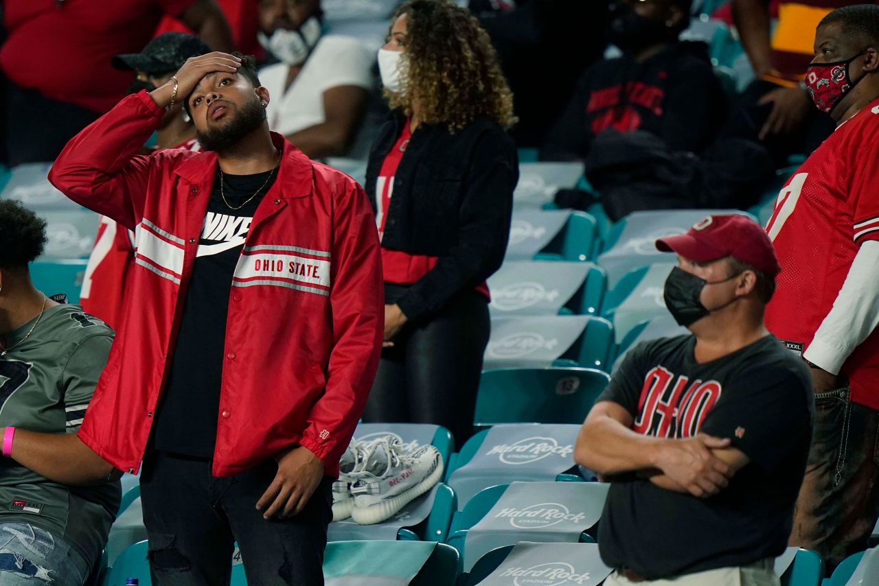 An Ohio State fan reacts after Smith scored one of his three first-half touchdowns.