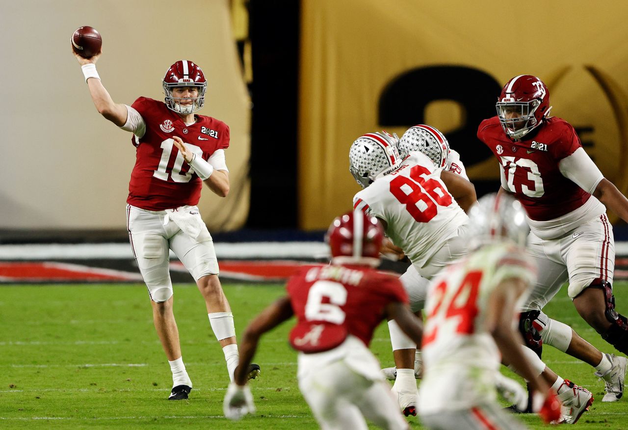 Alabama quarterback Mac Jones throws a third-quarter pass. He finished with 464 passing yards and five touchdowns.