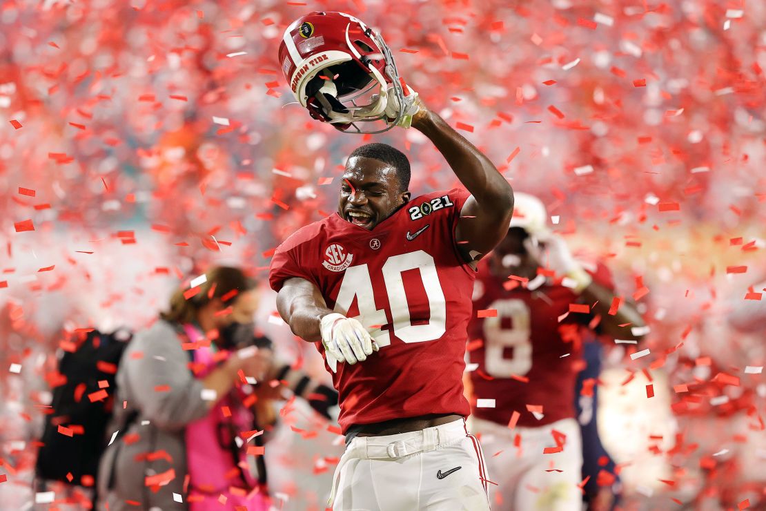 Joshua McMillon of Alabama celebrates his team's victory in  the College Football Playoff National Championship in January.