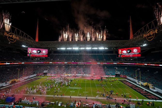 Fireworks explode over Hard Rock Stadium at the end of the game.