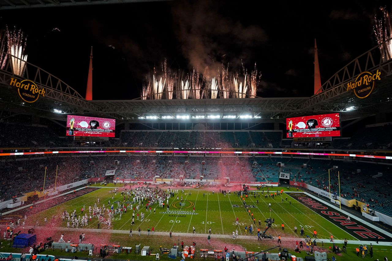 Fireworks explode over Hard Rock Stadium at the end of the game.