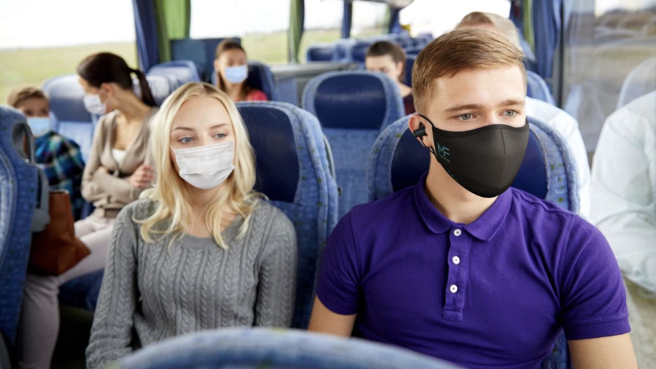 MaskFone is a face covering marketed as having a built-in N95 filter, earbuds and microphone to make calls