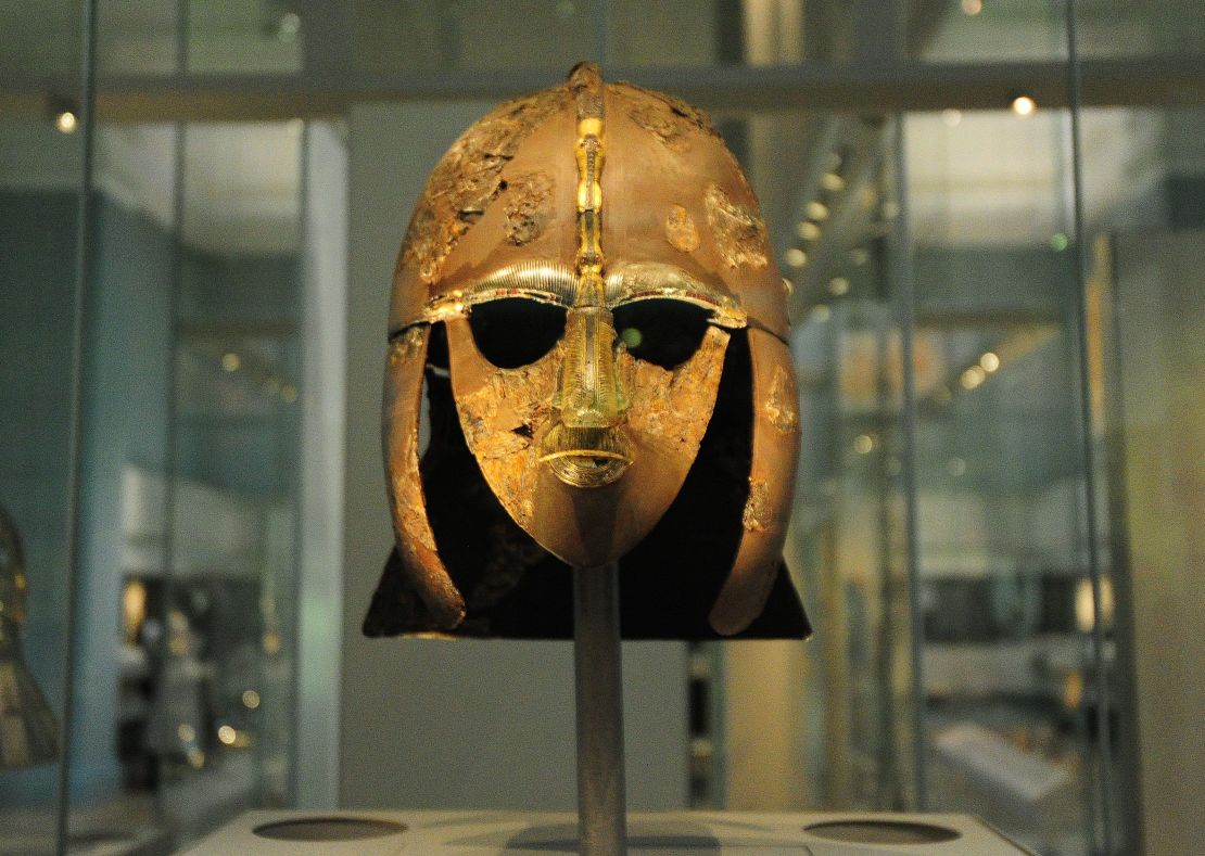 The most famous treasure of the cache is this full-faced iron helmet. Edith Pretty donated all of the artifacts to the British Museum.
