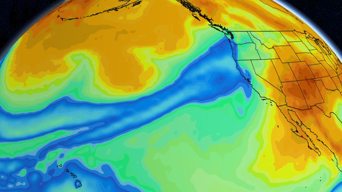 Forecast models show the moisture - shown in blue - stretching thousands of miles.