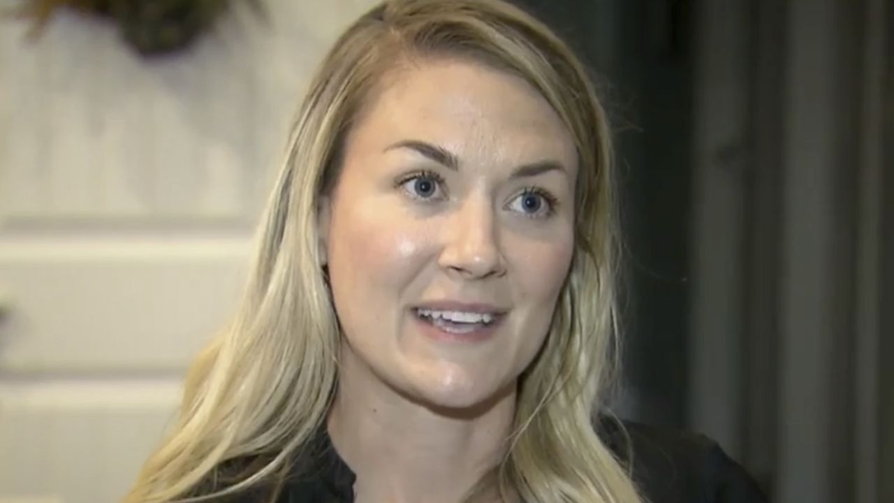 In this image taken from video provided by WRAL, then-Capt. Emily Rainey speaks during an interview in Southern Pines, North Carolina, in May 2020. 