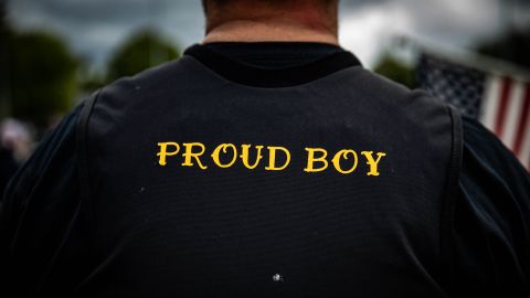 A man wears a Proud Boy vest as several hundred members of the Proud Boys and other similar groups gathered at Delta Park in Portland, Oregon on September 26, 2020. - Far-right group "Proud Boys" members gather in Portland to show support to US president Donald Trump and to condemn violence that have been occurring for more than three months during "Black Lives Matter" and "Antifa" protests. (Photo by Maranie R. Staab/AFP/Getty Images)
