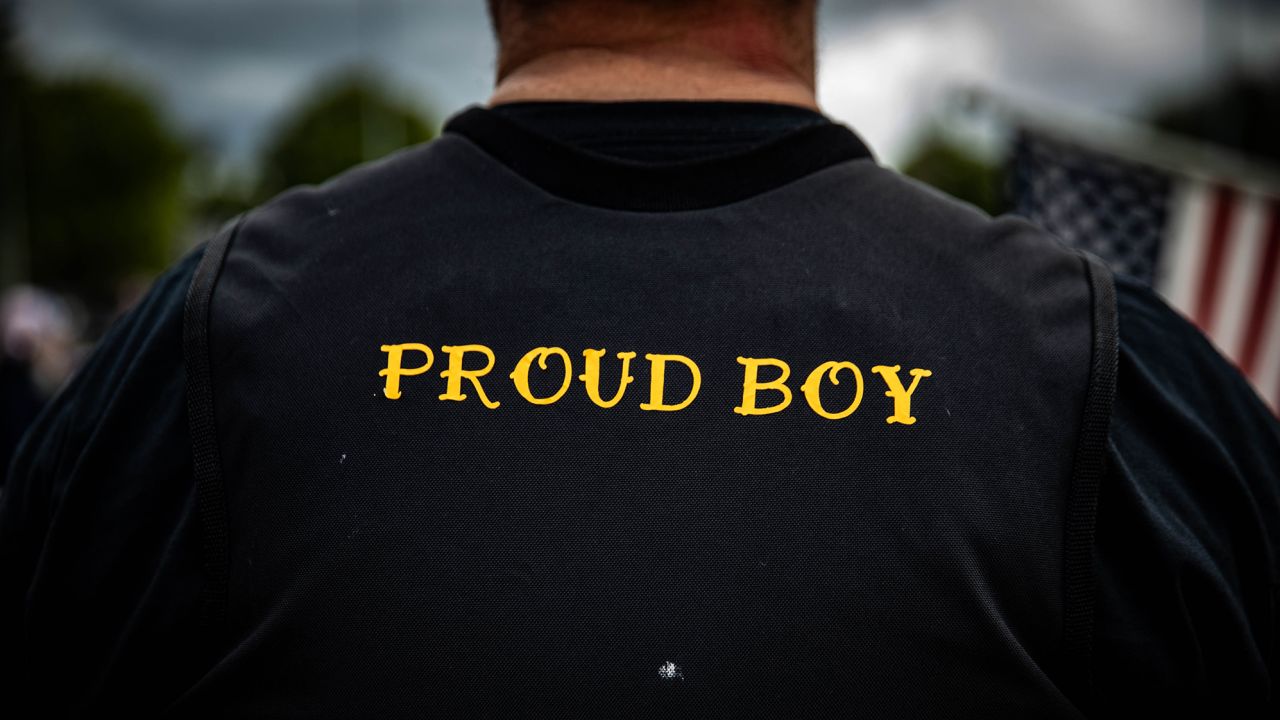 A man wears a Proud Boy vest as several hundred members of the Proud Boys and other similar groups gathered at Delta Park in Portland, Oregon on September 26, 2020.