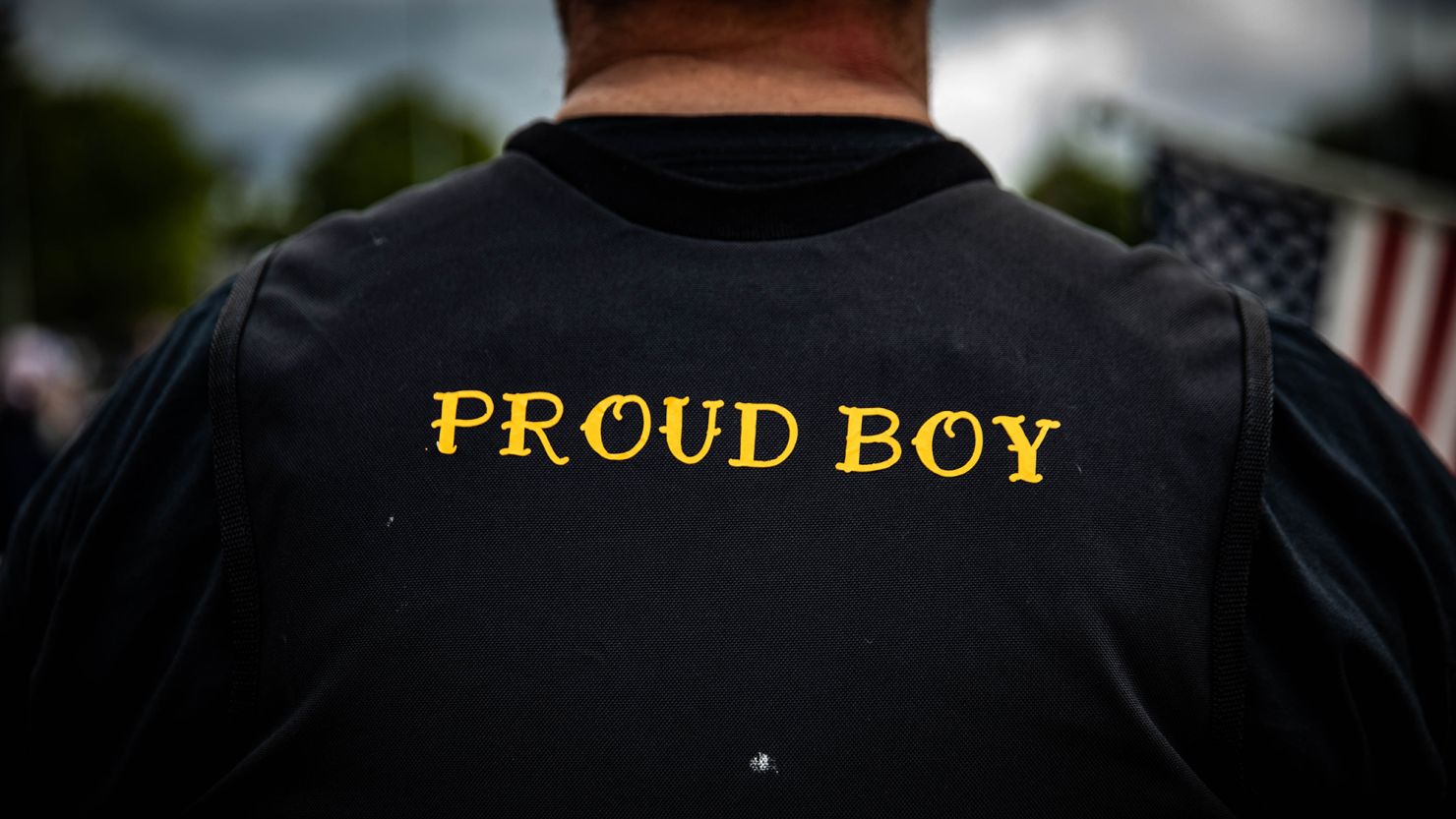 A man wears a Proud Boy vest as several hundred members of the Proud Boys and other similar groups gathered at Delta Park in Portland, Oregon on September 26, 2020. - Far-right group "Proud Boys" members gather in Portland to show support to US president Donald Trump and to condemn violence that have been occurring for more than three months during "Black Lives Matter" and "Antifa" protests. (Photo by Maranie R. Staab/AFP/Getty Images)