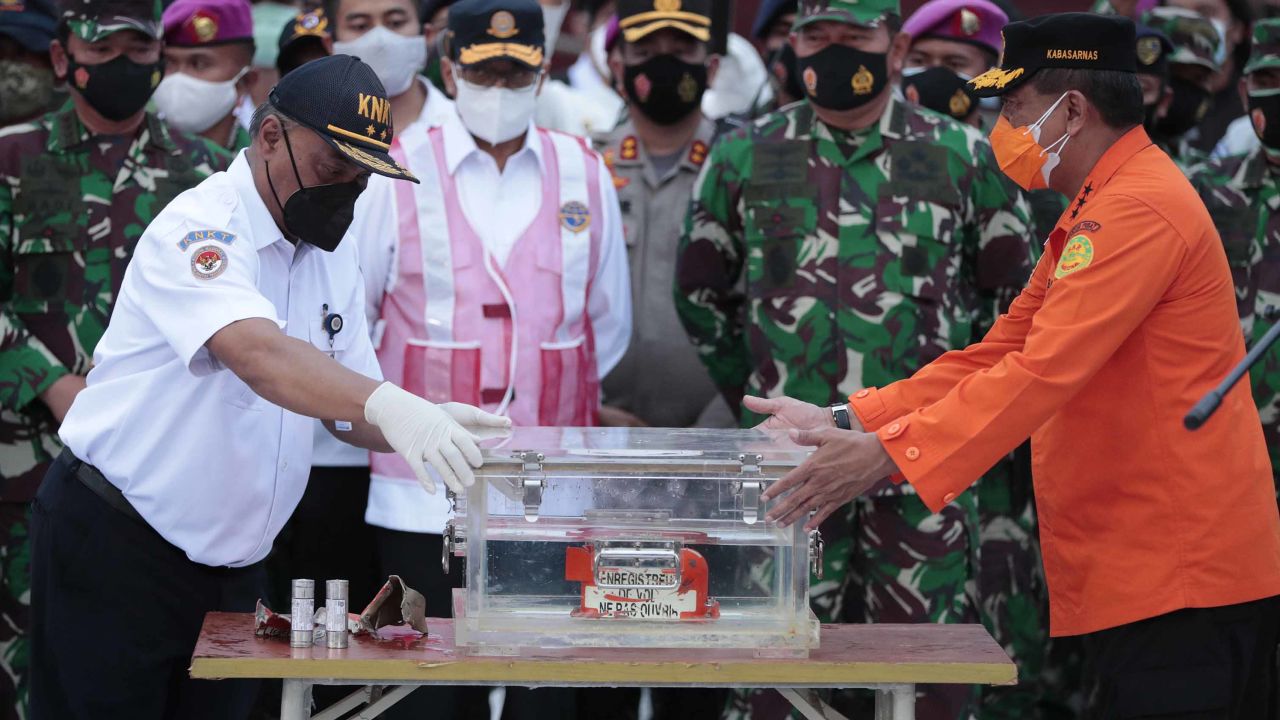 The flight data recorder of Sriwijaya Air flight 182 retrieved from the Java Sea where the passenger jet crashed on January 12, 2021.