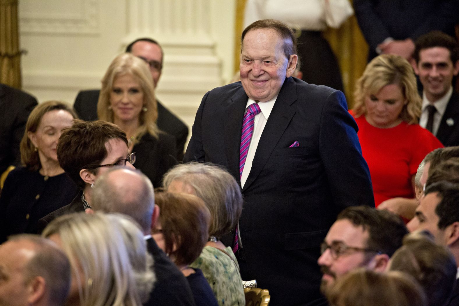 Adelson stands in the East Room of the White House during a Presidential Medal of Freedom ceremony in 2018. Trump was awarding Adelson's wife, Miriam, with the nation's highest civilian honor.