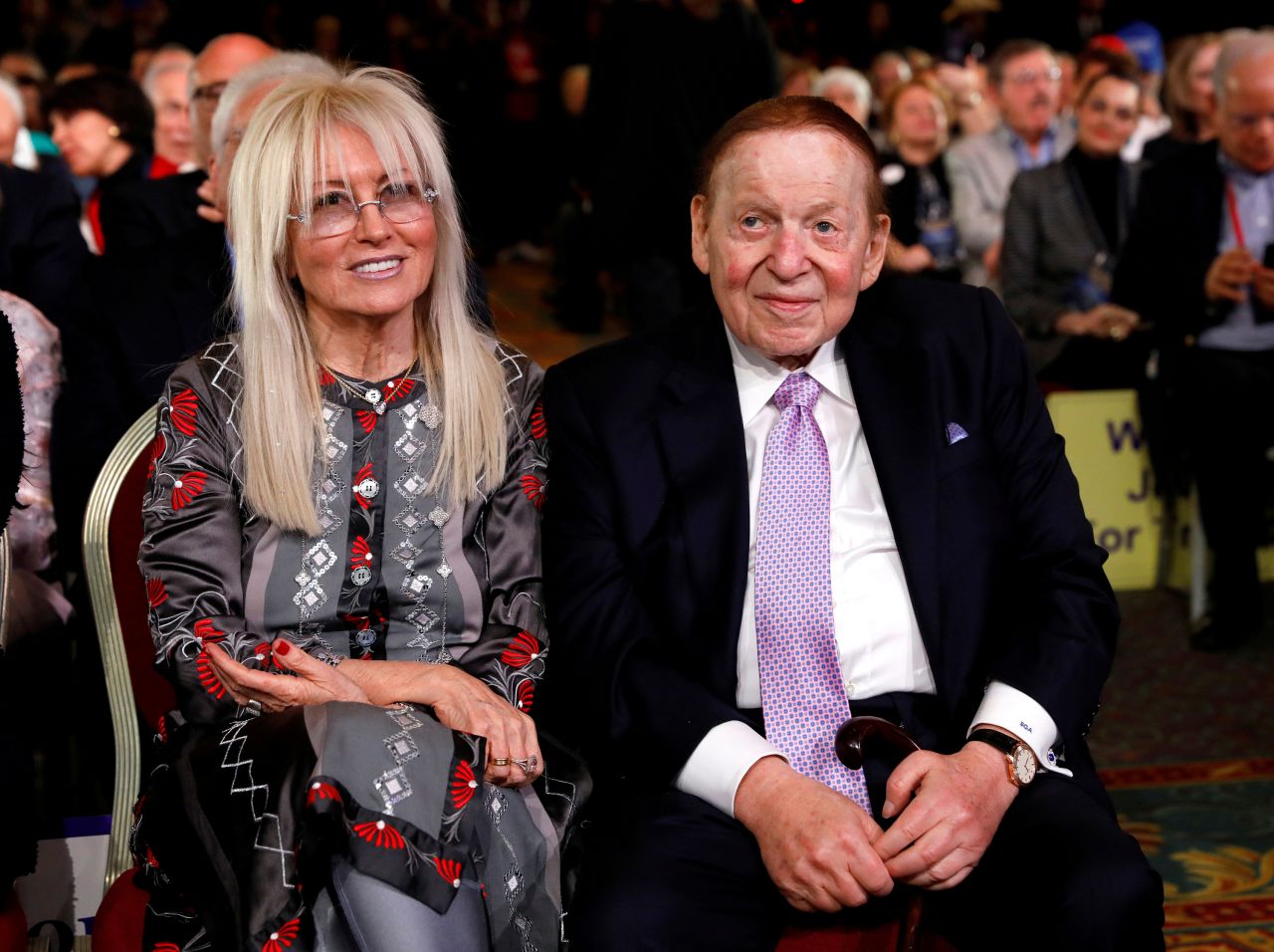Adelson and his wife listen to Trump address the Republican Jewish Coalition in 2019.