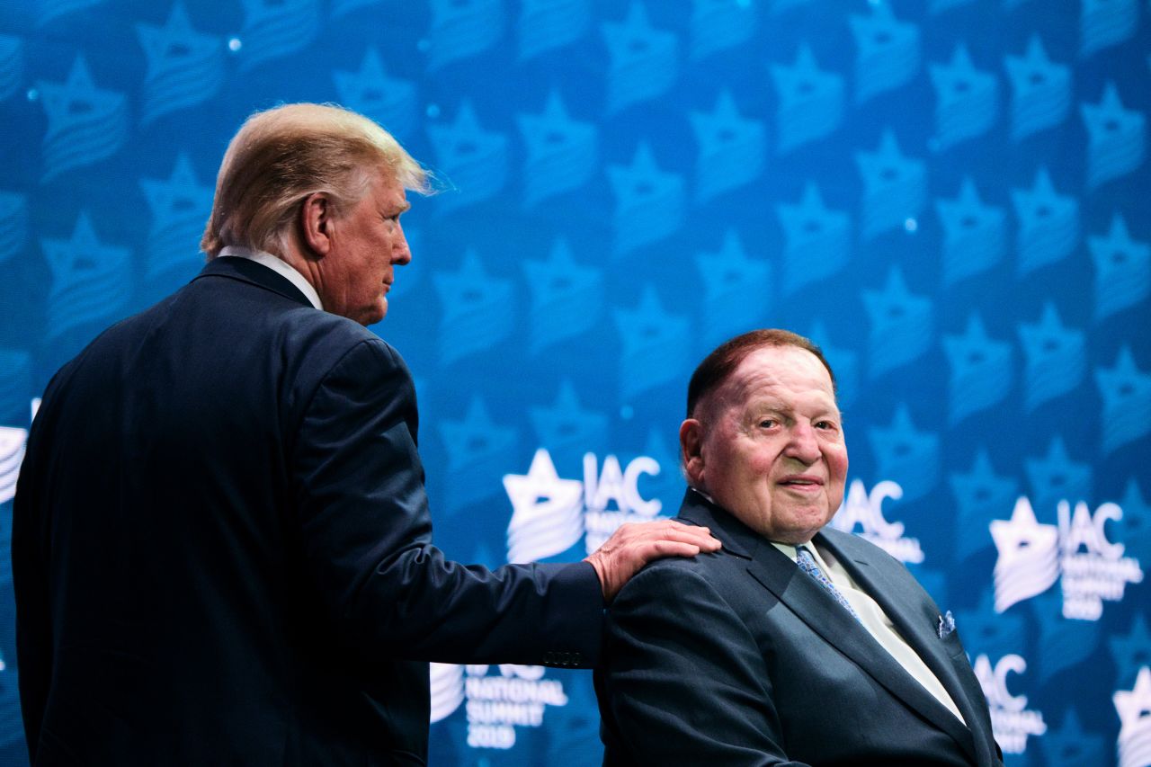 Trump and Adelson attend the Israeli American Council National Summit in 2019.