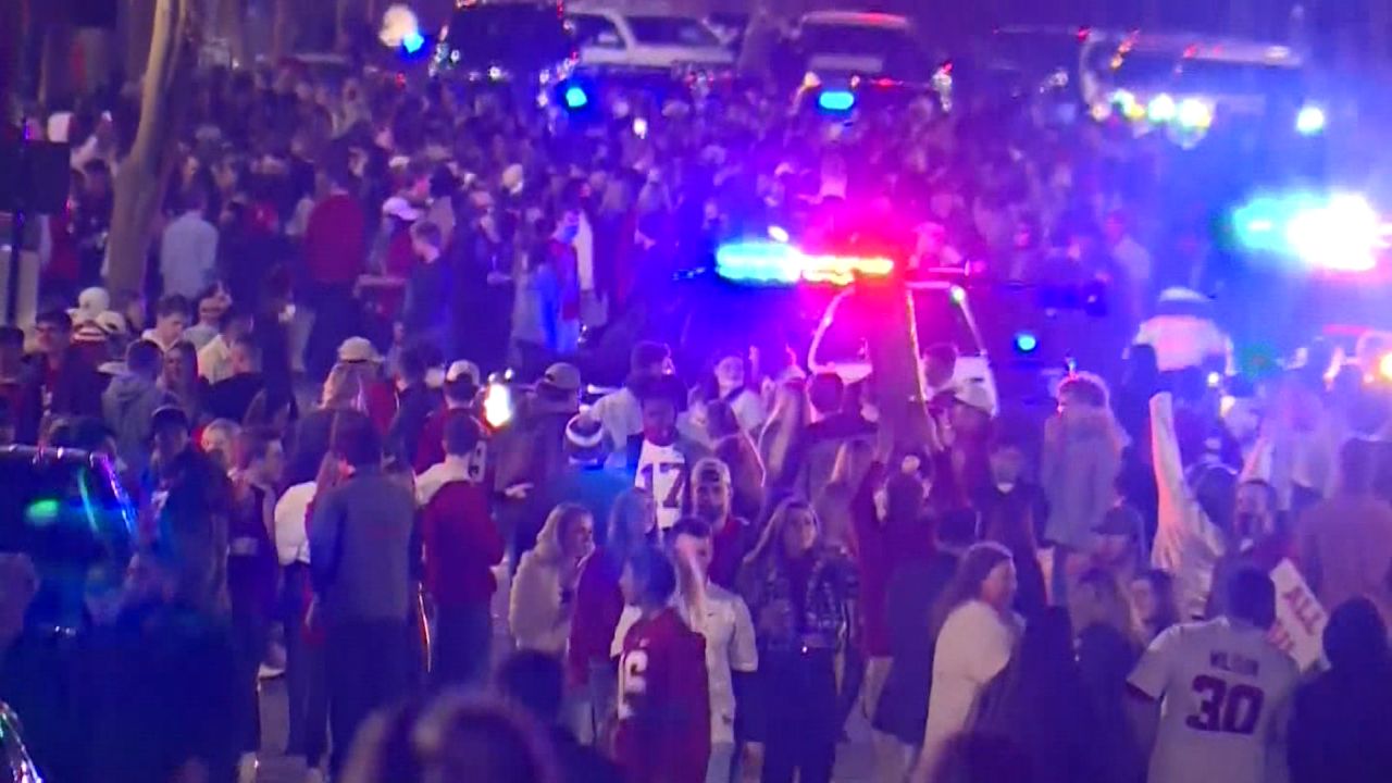 Tuscaloosa, Alabama celebrate with massive crowds after the University of Alabama won the national championship in football. Many of those celebrating appeared not be wearing masks.