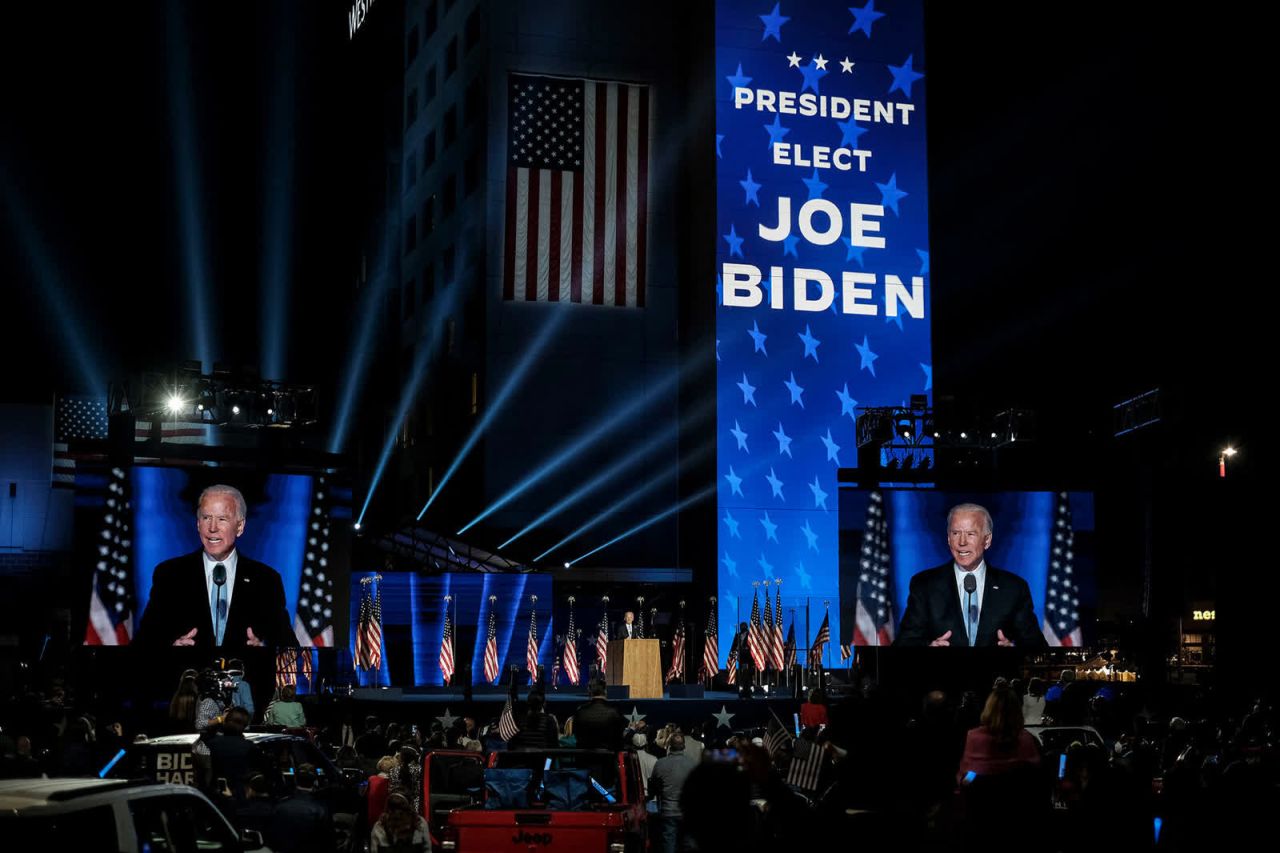 Biden gives his first speech as president-elect, addressing supporters at a drive-in event in Wilmington, Delaware. "Tonight the whole world is watching America, and I believe that at our best, America is a beacon for the globe," Biden said in his speech. "We will lead not only by the example of our power, but by the power of our example."
