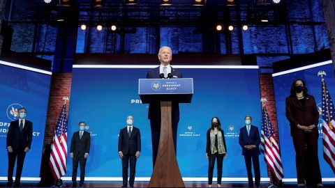 President-elect Joe Biden stands with his nominees for his national security team at his transition headquarters in the Queen Theater in Wilmington, Delaware, on November 24, 2020. 