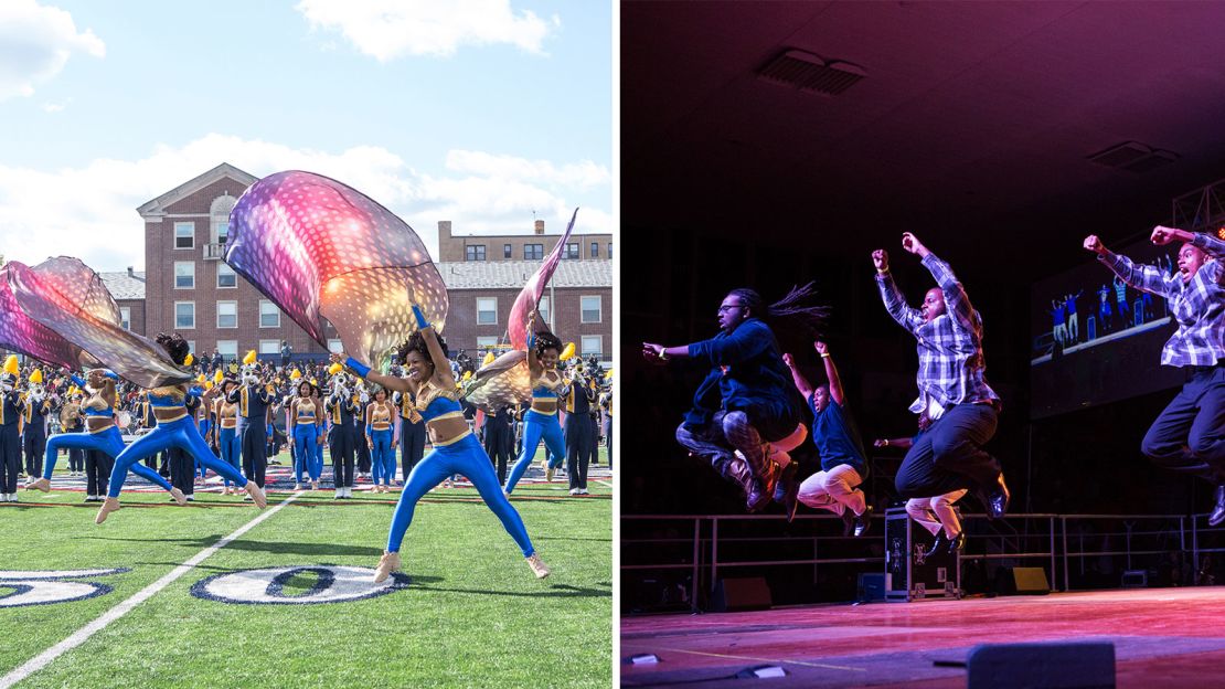 North Carolina A&T's marching band performs during halftime of Howard University's 93rd annual homecoming game in 2016 in Washington, DC.; an annual homecoming Greek Step Show competition, also at Howard University.