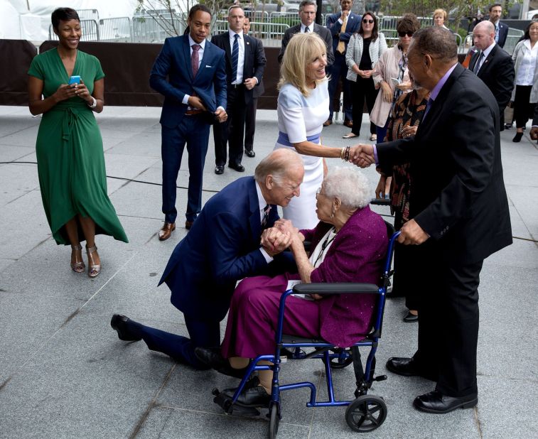 Biden <a href="https://www.instagram.com/p/BKwLJycDmd2/?hl=en" target="_blank" target="_blank">greets Ruth Bonner</a>, a 99-year-old daughter of a young slave who escaped to freedom, as he and his wife attend the September 2016 opening of the Smithsonian National Museum of African American History and Culture.