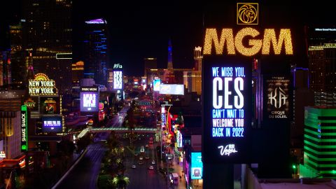 On Monday, more than a dozen marquees along the Las Vegas Strip were lit with the message: "We miss you, CES. Can't wait to welcome you back in 2022."