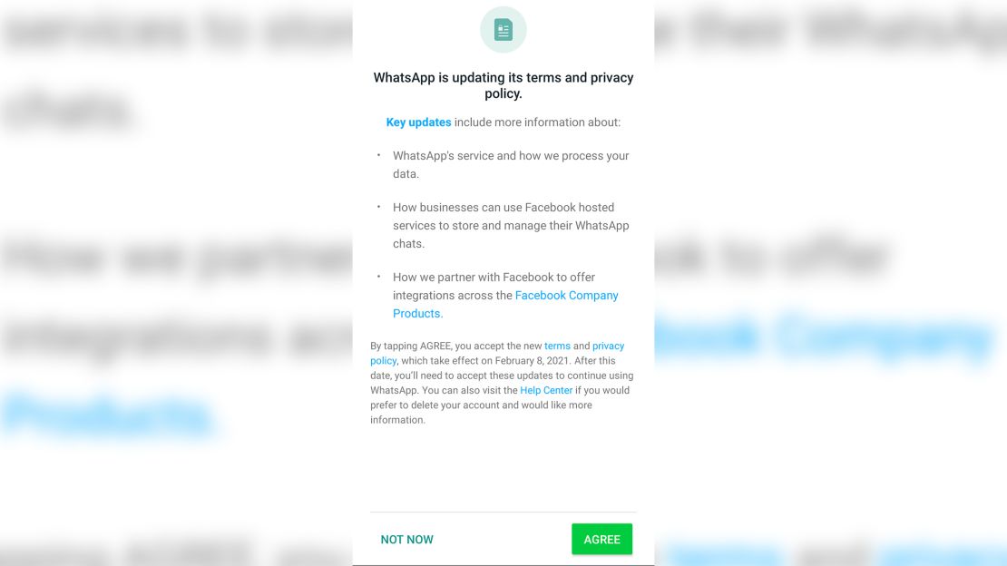 This notification about an update to WhatsApp's terms and privacy policy may have caused some confused users to leave for other messaging services like Signal.