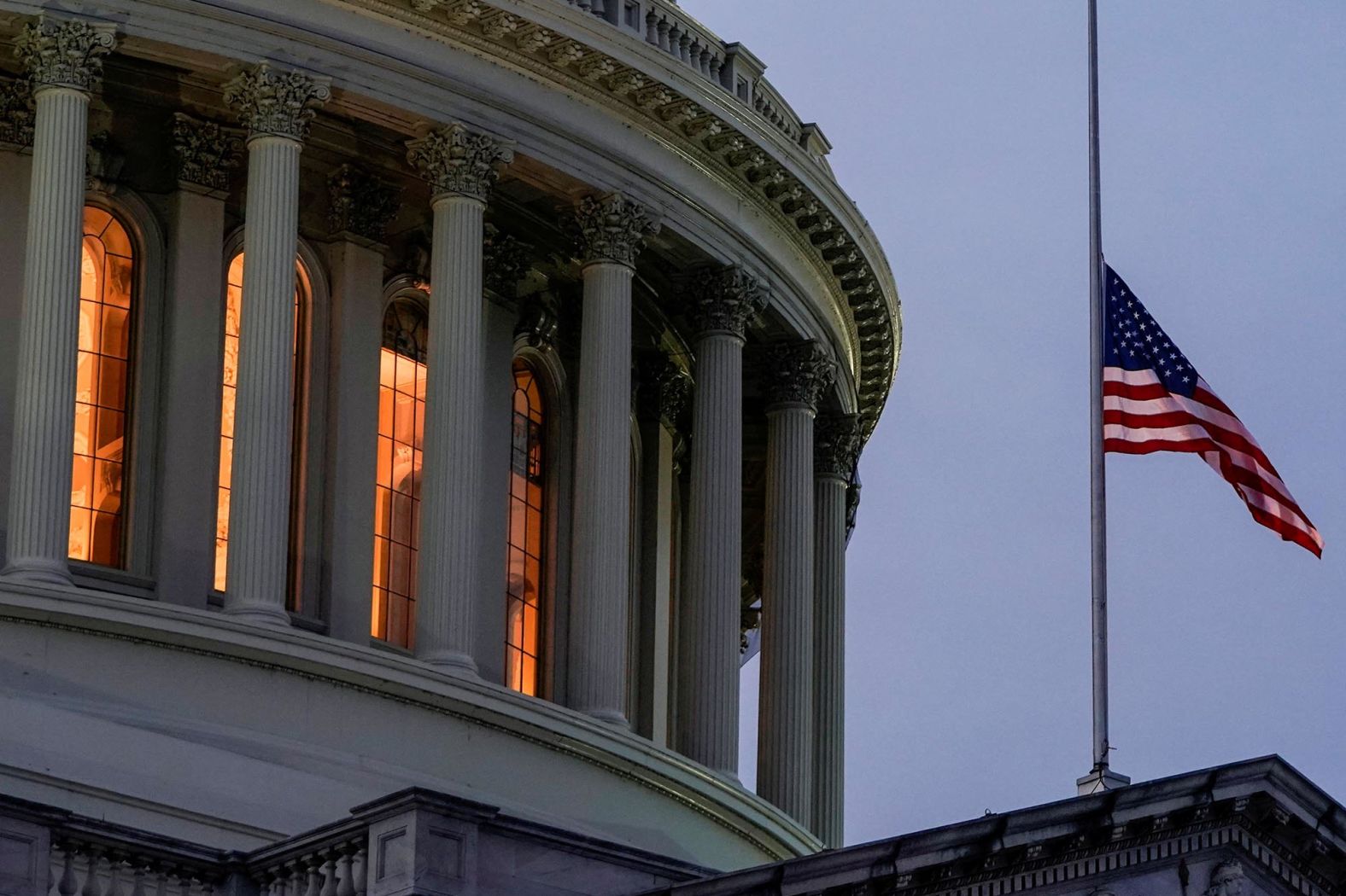 The flag flies at half-staff at the US Capitol on January 11. Pelosi ordered flags at the Capitol to be flown at half-staff <a href="index.php?page=&url=https%3A%2F%2Fwww.cnn.com%2F2021%2F01%2F10%2Fpolitics%2Fbrian-sicknick-howard-liebengood-white-house-flag%2Findex.html" target="_blank">to honor US Capitol Police officers Brian Sicknick and Howard Liebengood,</a> who were both on duty when a mob of Trump's supporters stormed the US Capitol. Sicknick died due to injuries sustained while on duty, Capitol Police said. Liebengood died while off duty. The announcement did not state his cause of death.