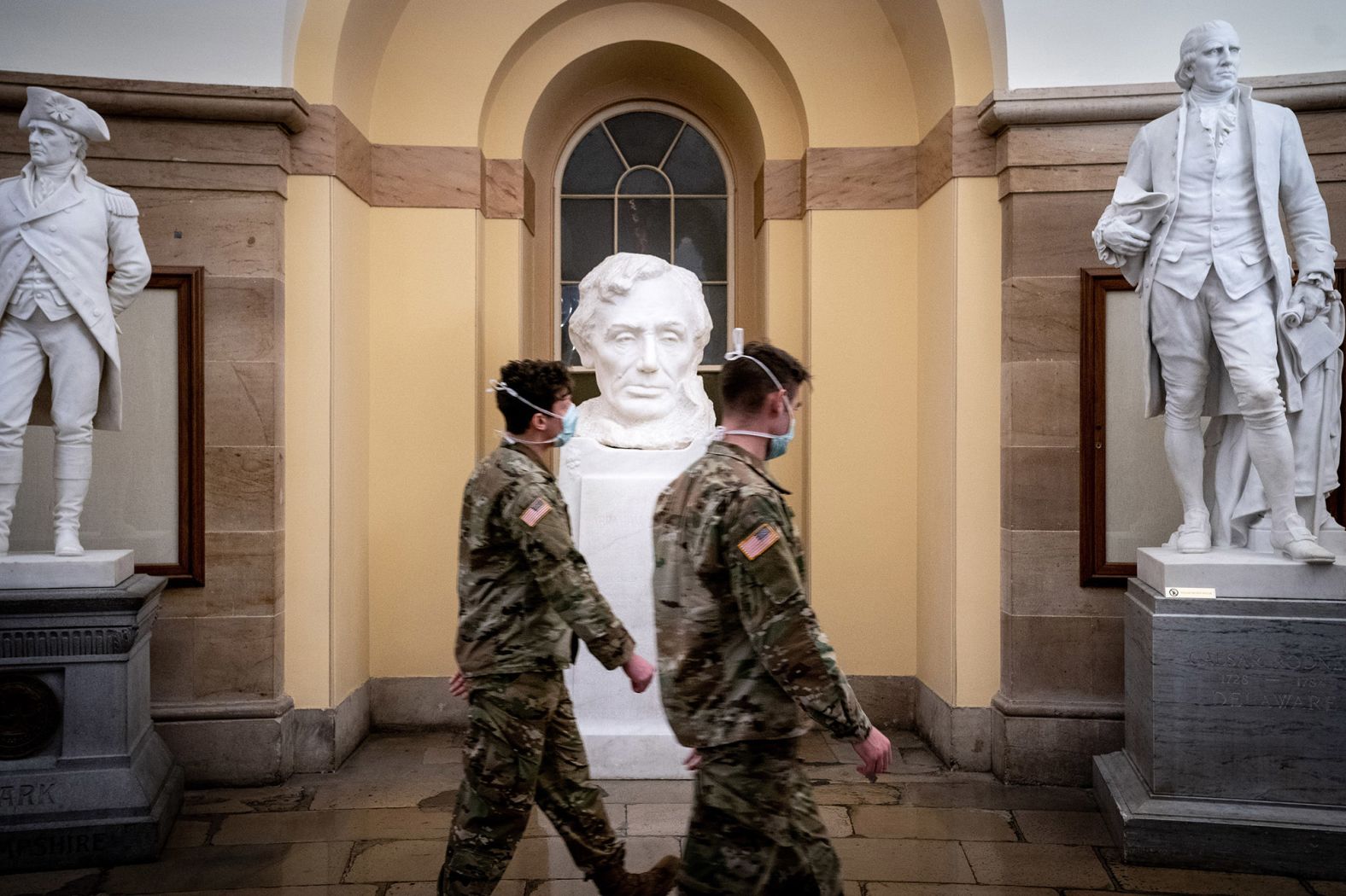 Maryland National Guardsmen walk through the crypt of the US Capitol on January 11.