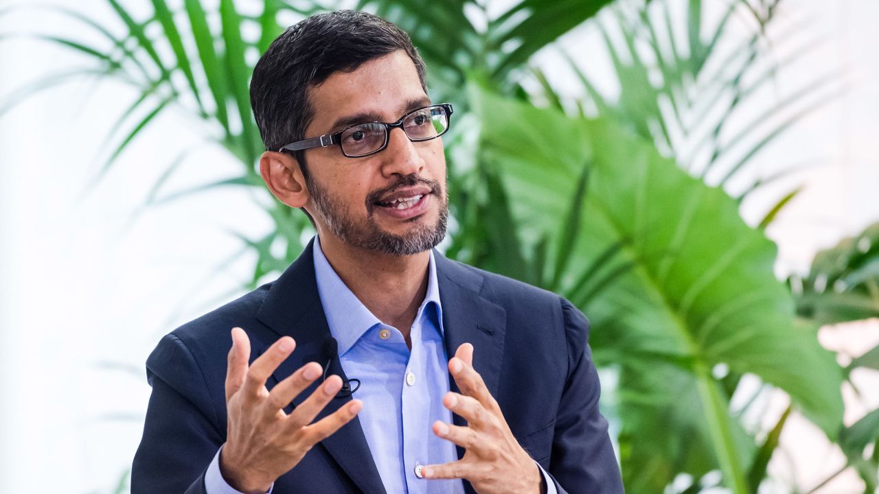 Sundar Pichai, CEO of Google parent company Alphabet Inc., gestures while speaking during a discussion on artificial intelligence at the Bruegel European economic think tank in Brussels, Belgium, on January 20, 2020.