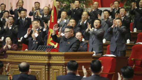 In this photo provided by the North Korean government, North Korean leader Kim Jong Un, center, is seen after he made his closing remarks at a ruling Party Congress in Pyongyang on Tuesday.