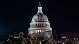 Members of the National Guard gather outside the U.S. Capitol on January 12 in Washington, DC.