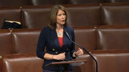 FILE - In this April 23, 2020 file image from video, Rep. Cheri Bustos, D-Ill., speaks on the floor of the House of Representatives at the U.S. Capitol in Washington. Bustos, the chairwoman of House Democrats' campaign committee won't seek the post again after her party unexpectedly lost seats in last week's elections. (House Television via AP, File)