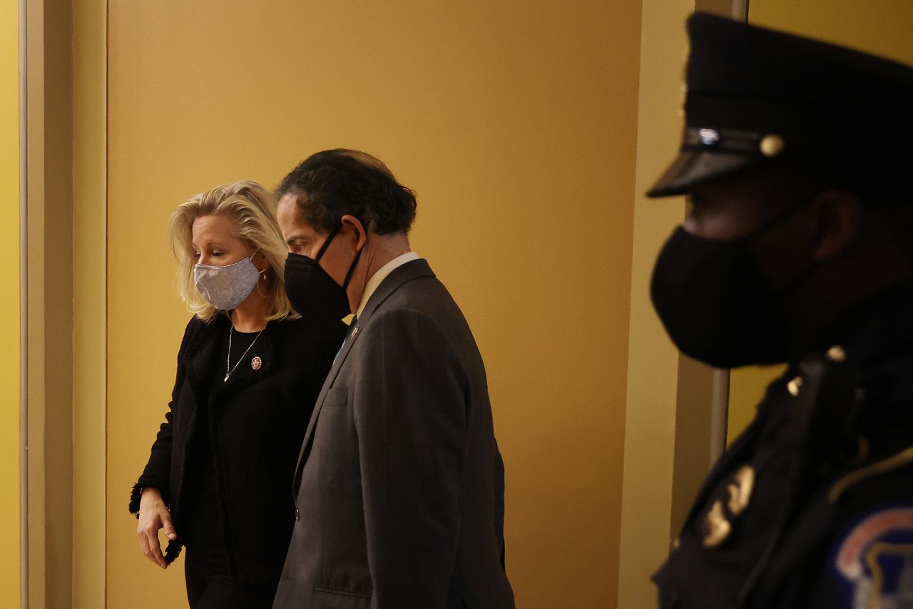 Raskin, the lead impeachment manager, talks with US Rep. Liz Cheney, a Republican from Wyoming, following the vote on the 25th Amendment. Raskin brought forth the 25th Amendment resolution. Cheney, who voted to impeach Trump, is one of the handful of outspoken Republican critics of the President's attempts to overturn the election.