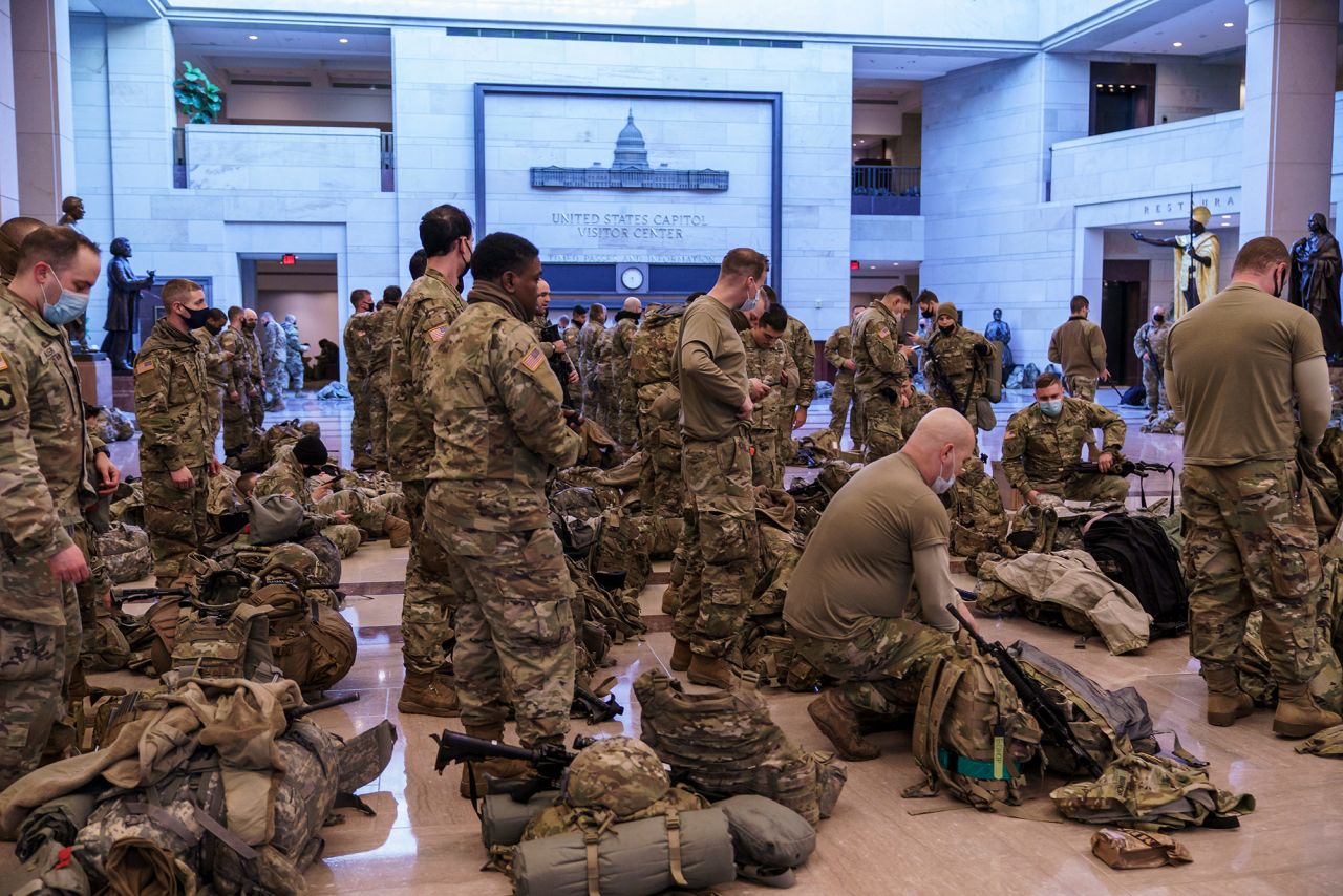 Members of the National Guard assemble inside the Capitol Visitor Center to reinforce security on January 13.
