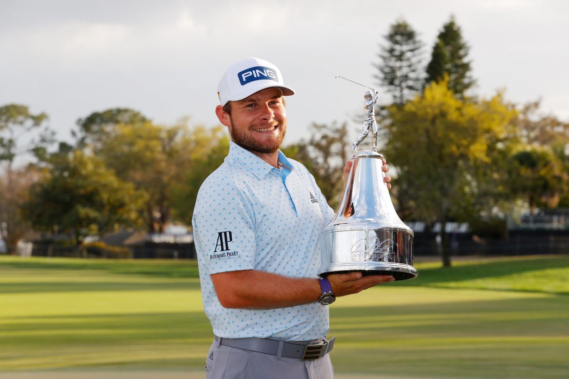 Tyrrell Hatton celebrates after winning the Arnold Palmer Invitational at Bay Hill.