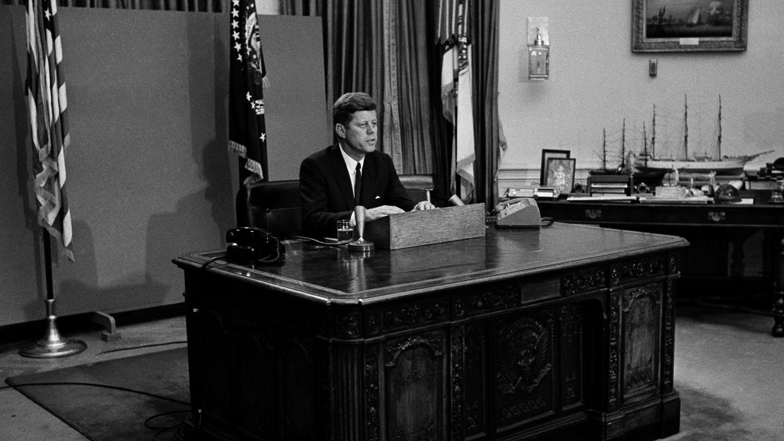 President John F. Kennedy gives a nationwide televised address on civil rights from the White House on June 11, 1963. 