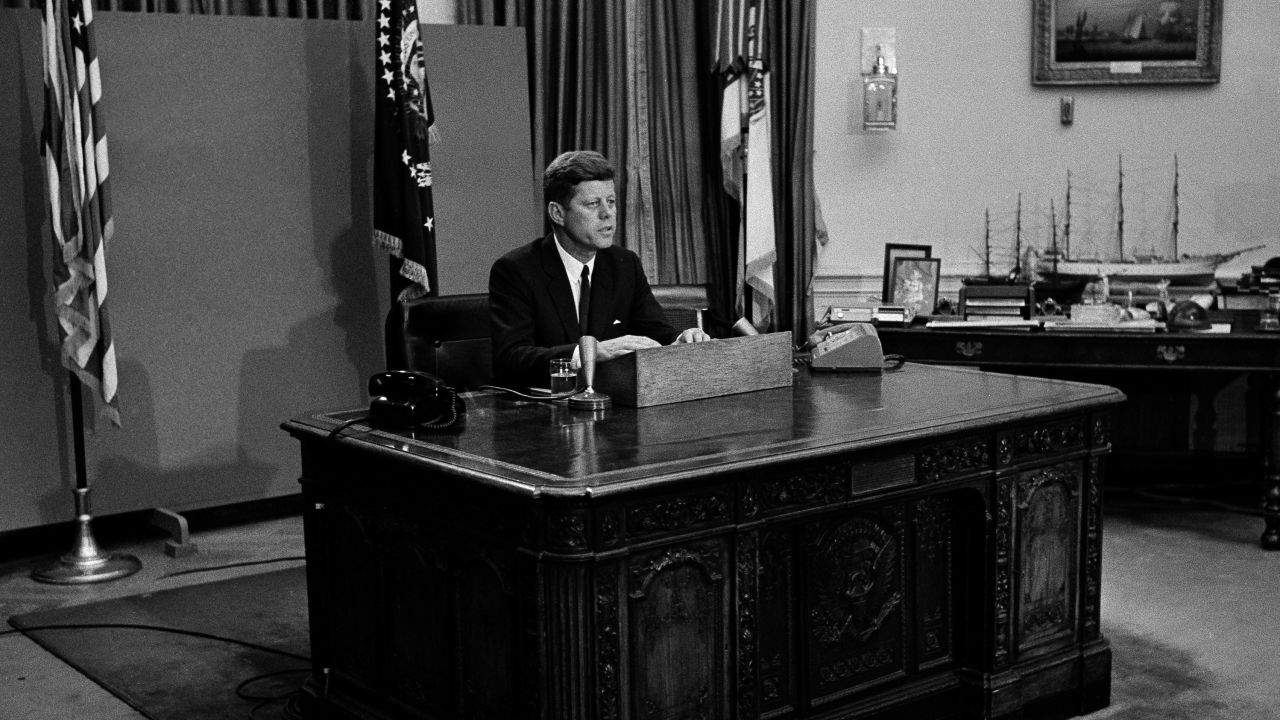 President John F. Kennedy gives a nationwide televised address on civil rights from the White House on June 11, 1963.
