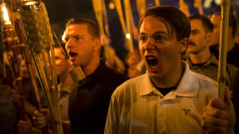 White supremacists demonstrating in Charlottesville, Virginia, on August 11, 2017. 