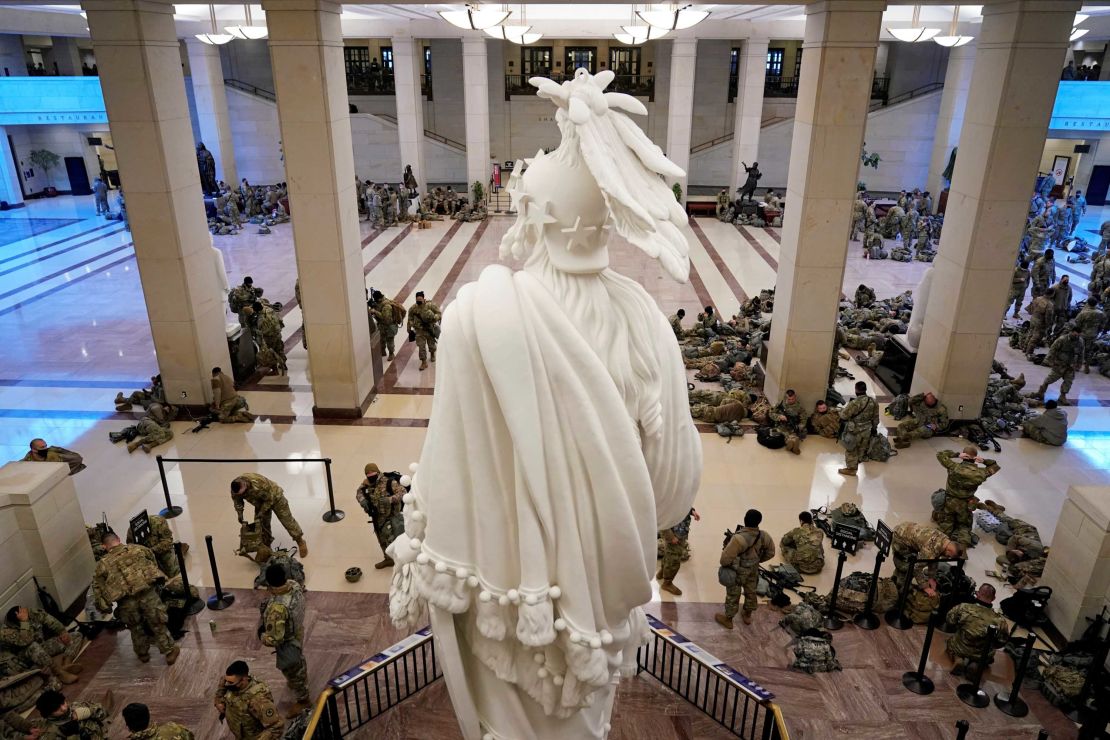 National Guard members assemble in the Capitol Visitors Center. 