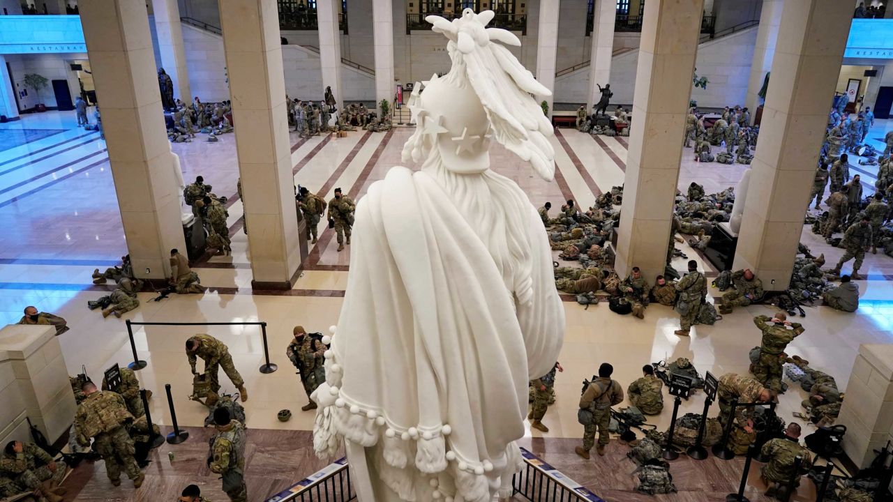National Guard members assemble in the Capitol Visitors Center.