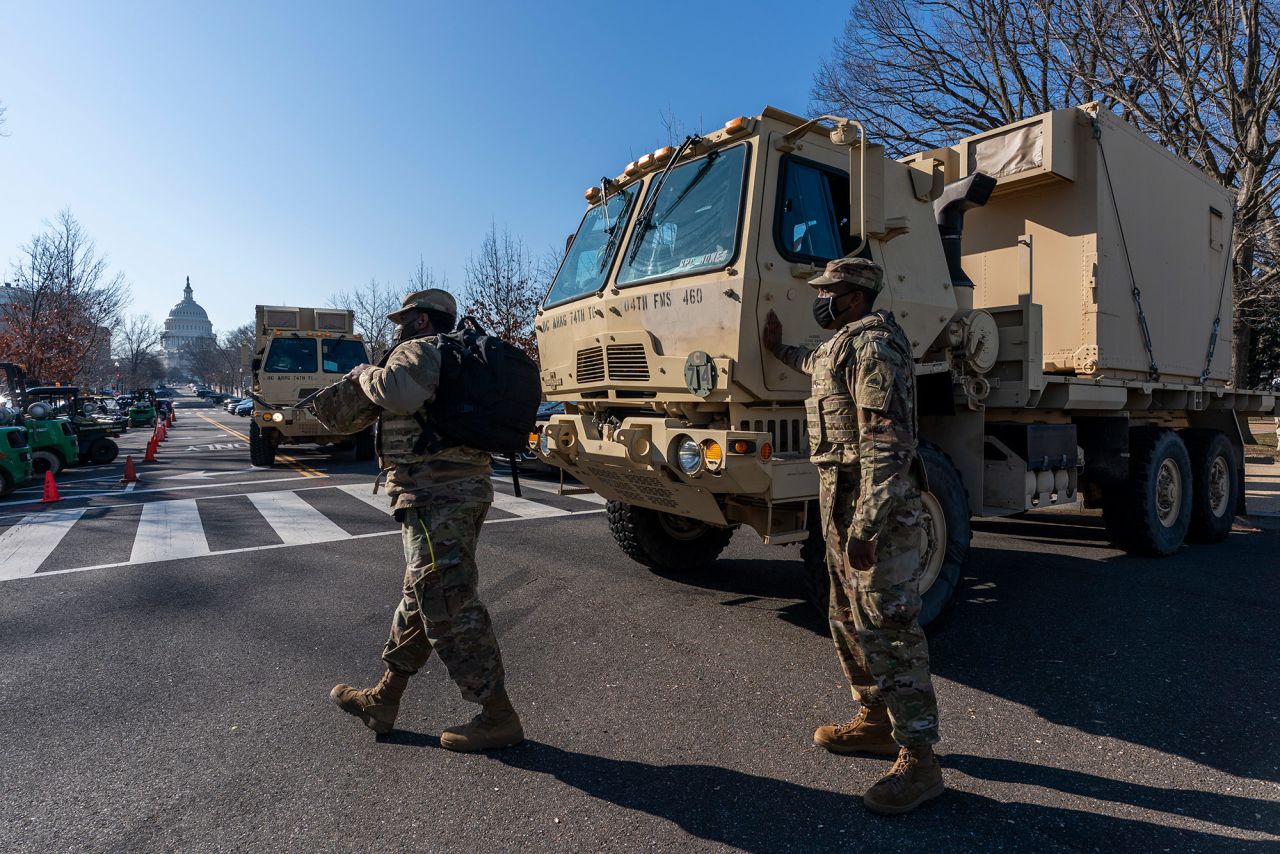 Members of the National Guard secure the perimeter around the US Capitol on January 13.