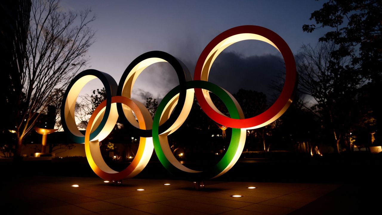 Olympic Rings are seen near the National Stadium, the main venue for the Tokyo 2020 Olympic and Paralympic Games, in Tokyo on January 8.