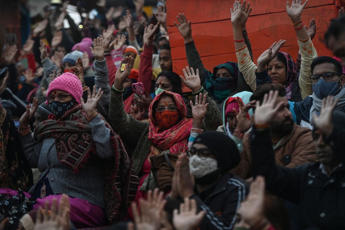 Hindu devotees attend evening prayers on the banks of the River Ganges ahead the Kumbh Mela festival in Haridwar on January 13.