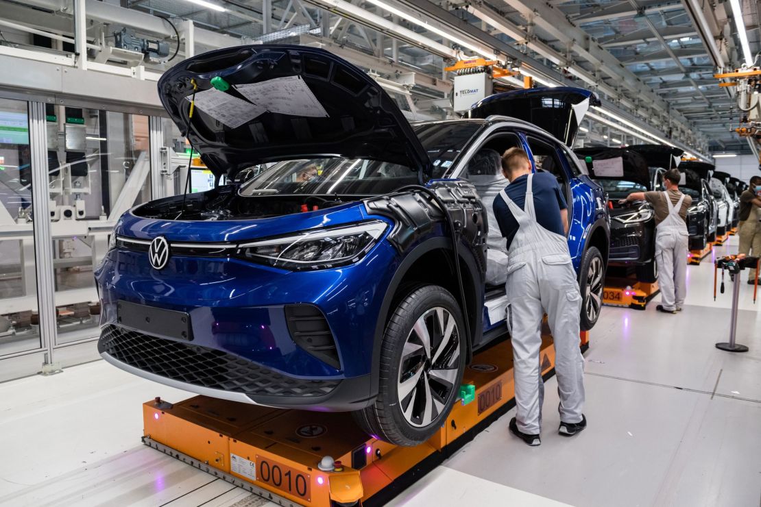 Workers assemble the new ID.4 at a Volkswagen factory in Zwickau, Germany. Motor vehicles were Germany's main export in 2019, according to official figures.